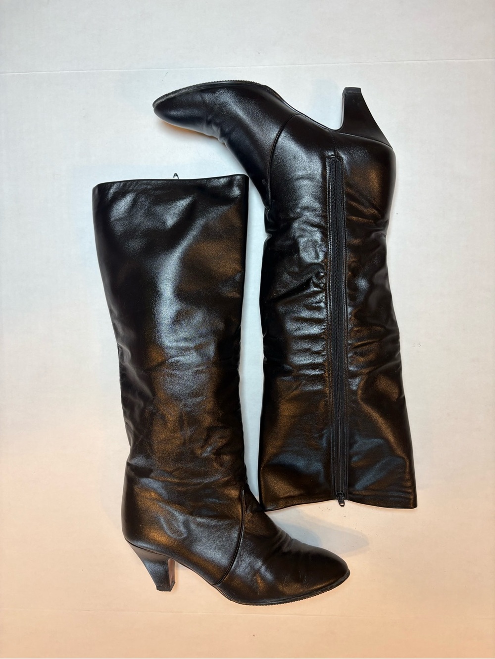 Joyce California VTG Black Leather Tall Boots Kitten Heel Size 6.5M